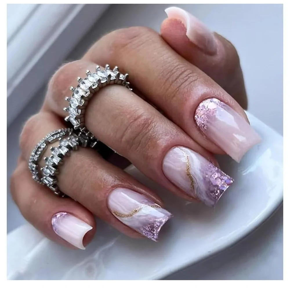 6 Packs (144 Pcs) Press on Nails Medium Square Acrylic Shiny Glitter False Nails